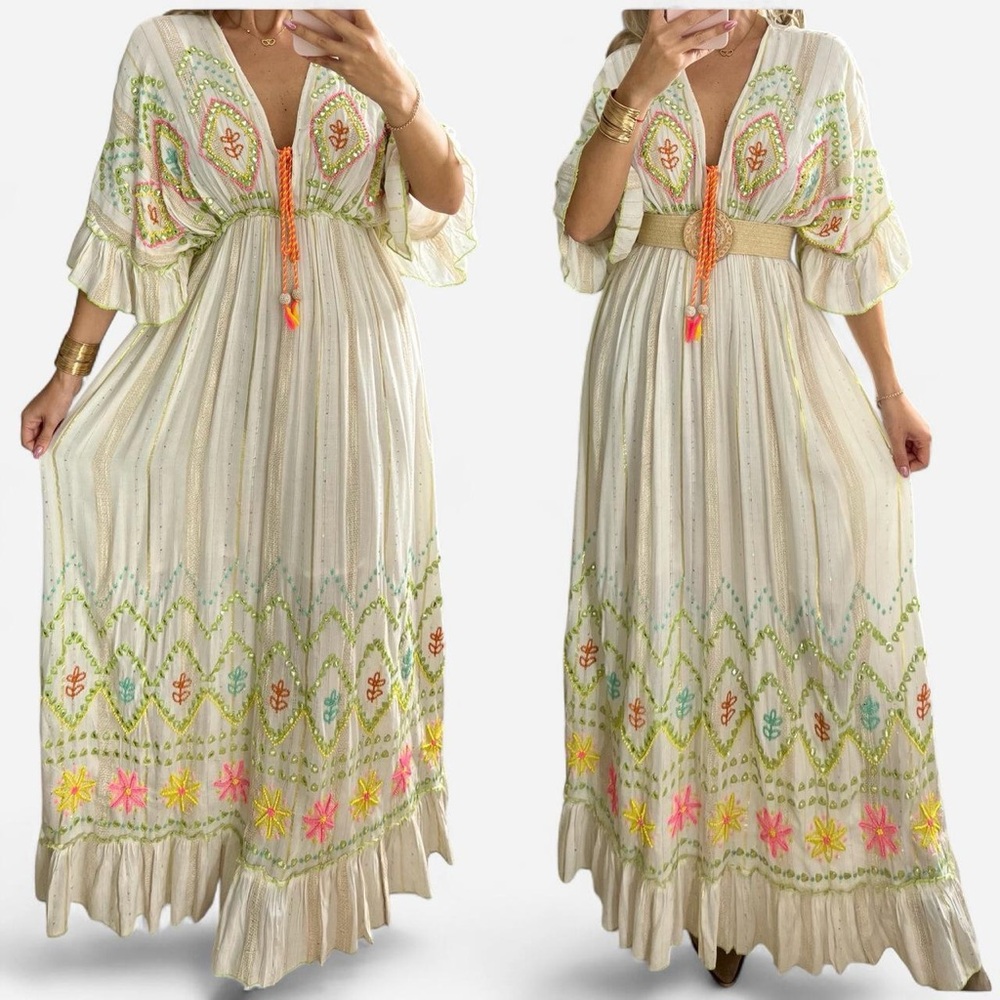 PALAK Boho Embroidered Beaded Cream Neon Detailed Maxi Dress One Size NWT